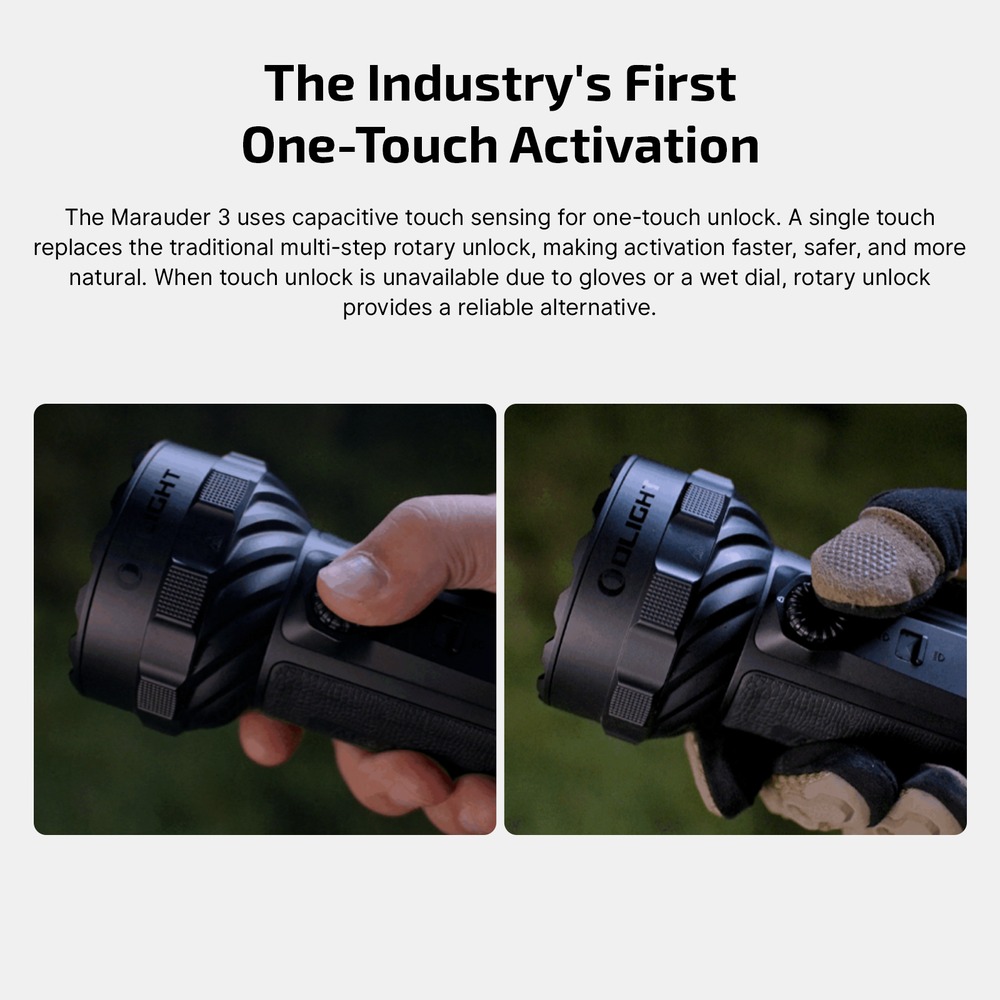 Olight Marauder 3 odomknutie dotykom voliča holou rukou a otočením voliča v pracovnej rukavici