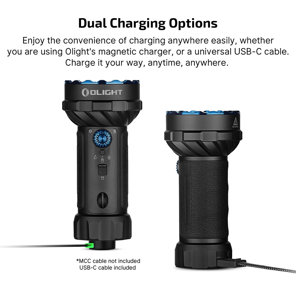 Olight Marauder Mini 2 infografika Dual Charging Options – dve čierne baterky, jedna na kábli MCC3, druhá s USB-C