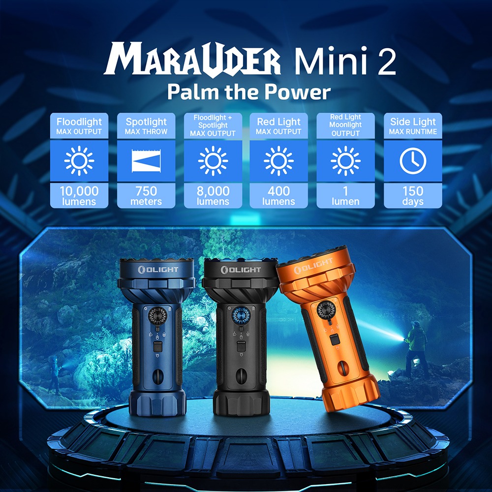 Olight Marauder Mini 2 infografika Palm the Power – floodlight 10 000 lm, spotlight 750 m, červené 400 lm, bočné 150 dní