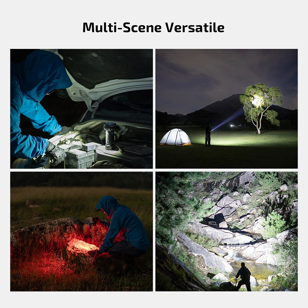 Olight Marauder Mini 2 scenáre použitia od výrobcu – motor auta, stan a strom, červené svetlo pri skale, roklina