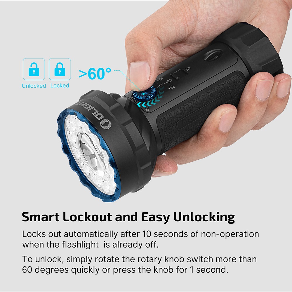 Olight Marauder Mini 2 infografika Smart Lockout – čierna v ruke, zámok po 10 s, odomknutie otočením gombíka o viac než 60°