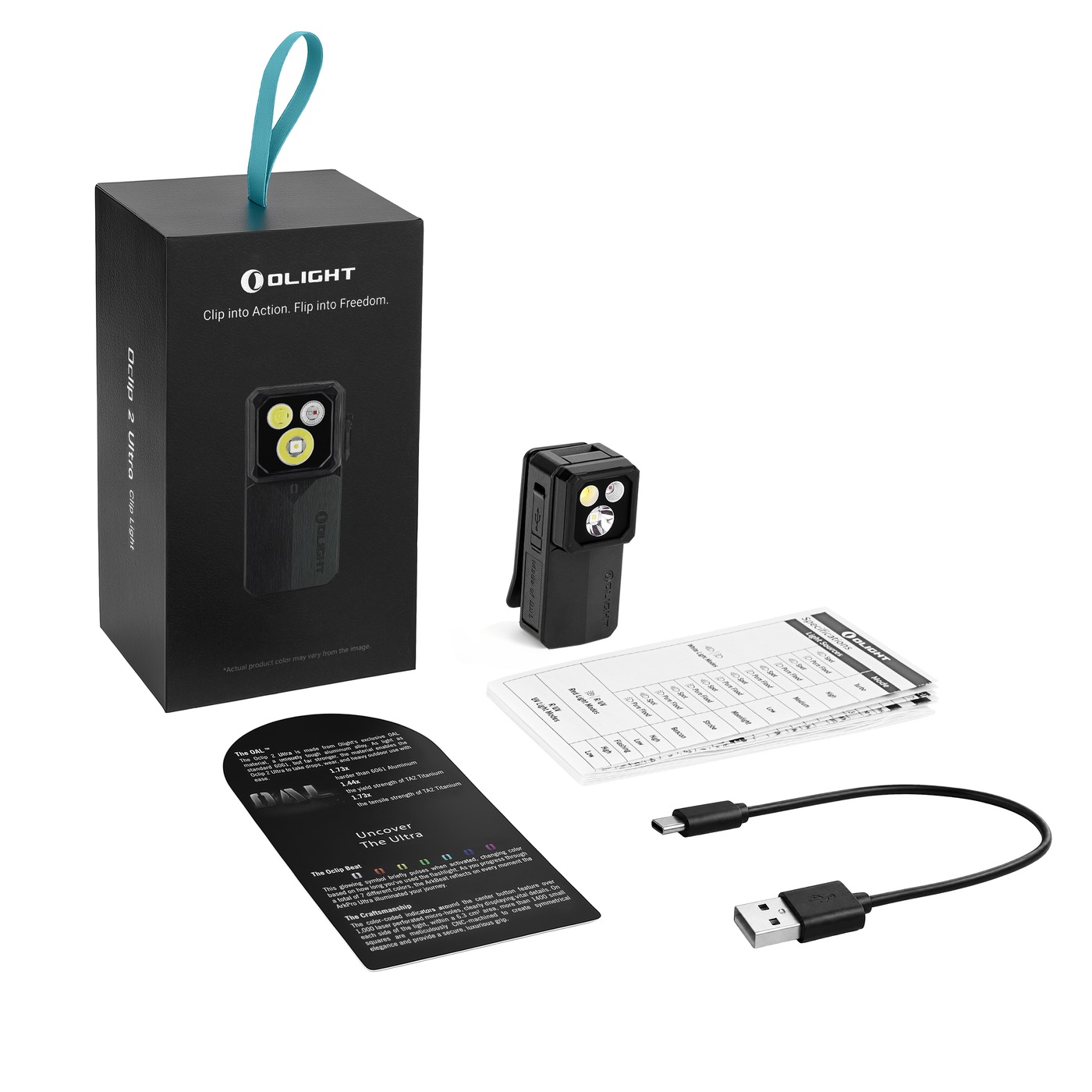 Balenie Olight Oclip 2 Ultra Onyx Black: krabica, čierne svetlo, manuál, kartička a kábel USB-A na USB-C