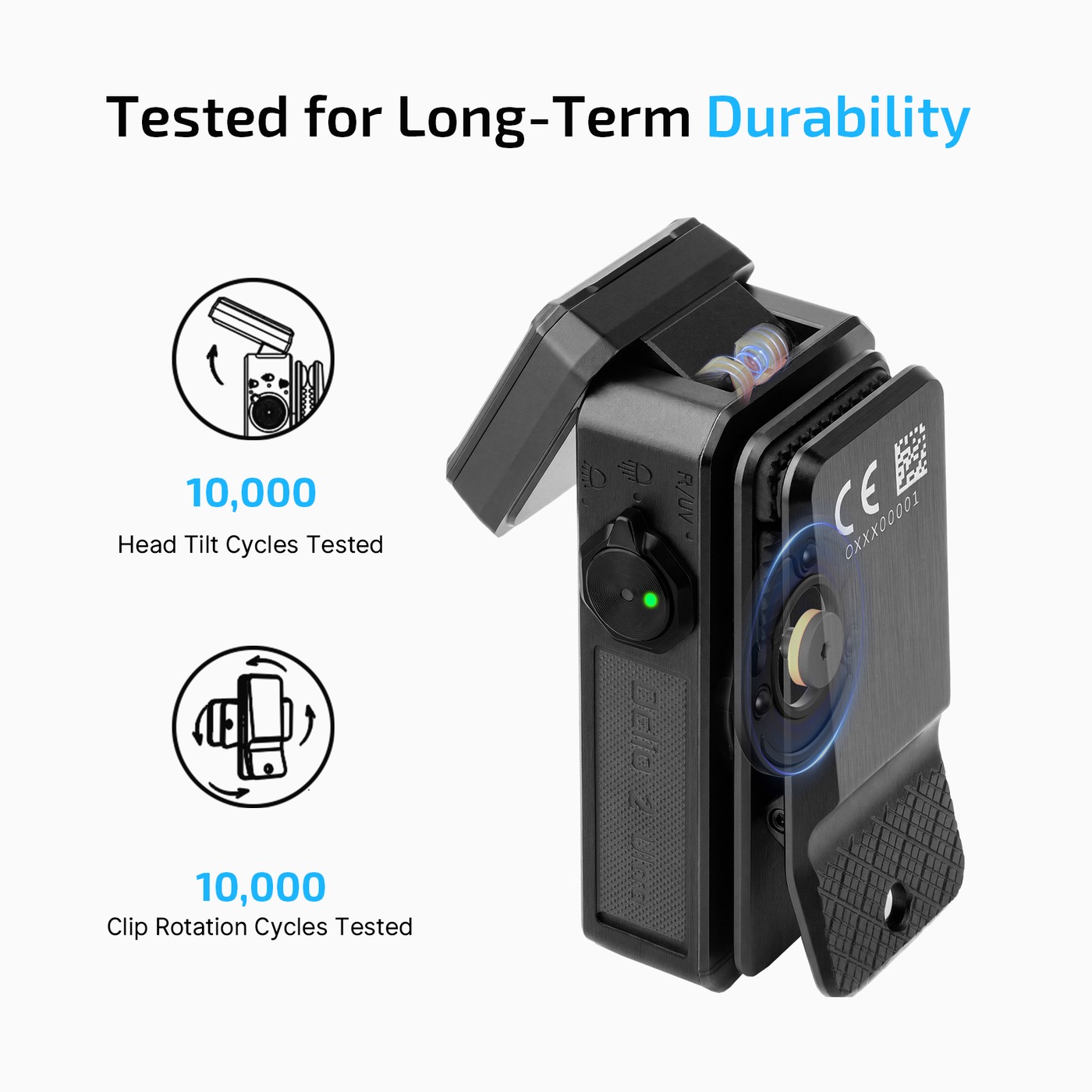 Olight Oclip 2 Ultra Onyx Black s vyklopenou hlavou a údajmi 10 000 cyklov sklopenia hlavy a otočenia klipu