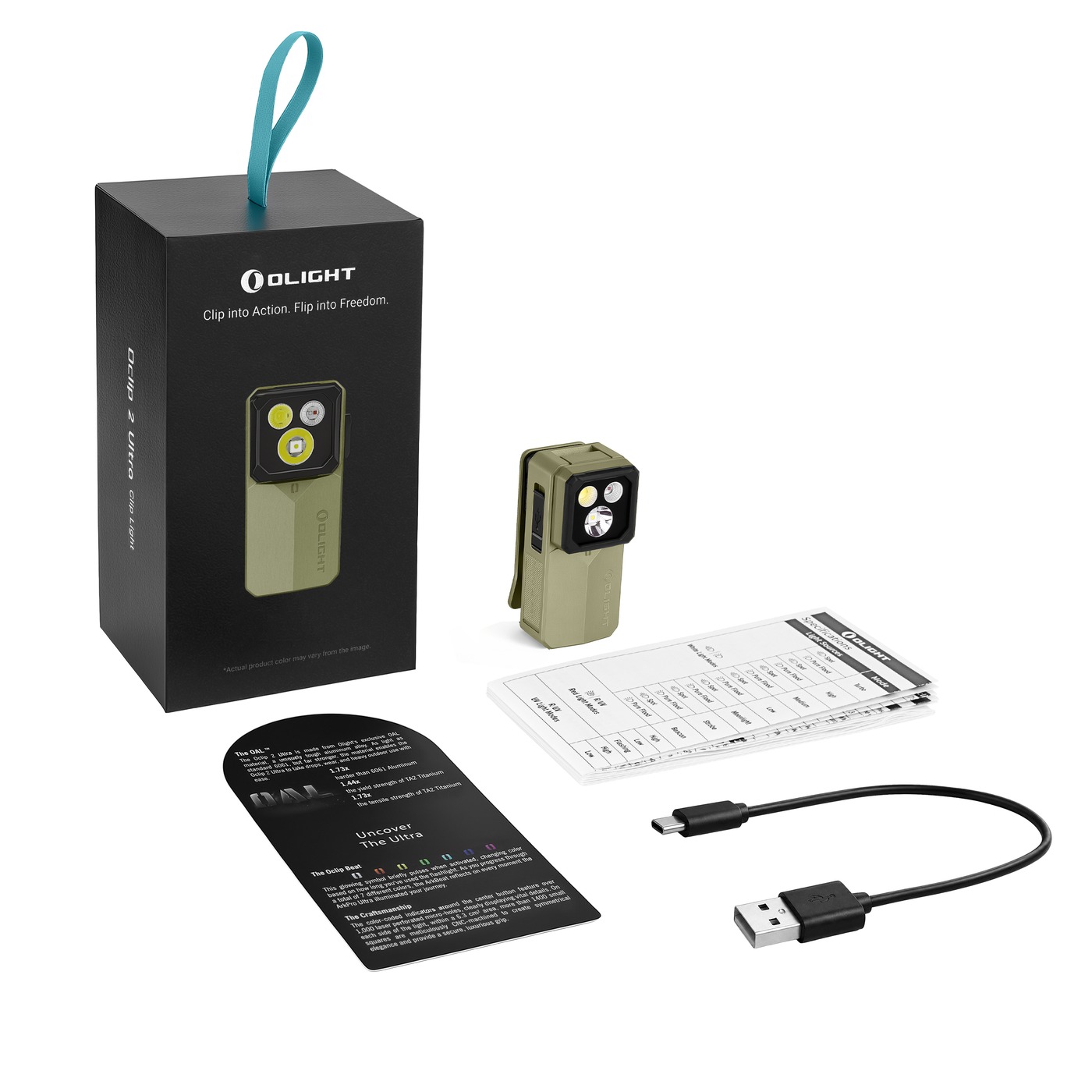 Balenie Olight Oclip 2 Ultra Olive Green: krabica, olivové svetlo, manuál, kartička a kábel USB-A na USB-C