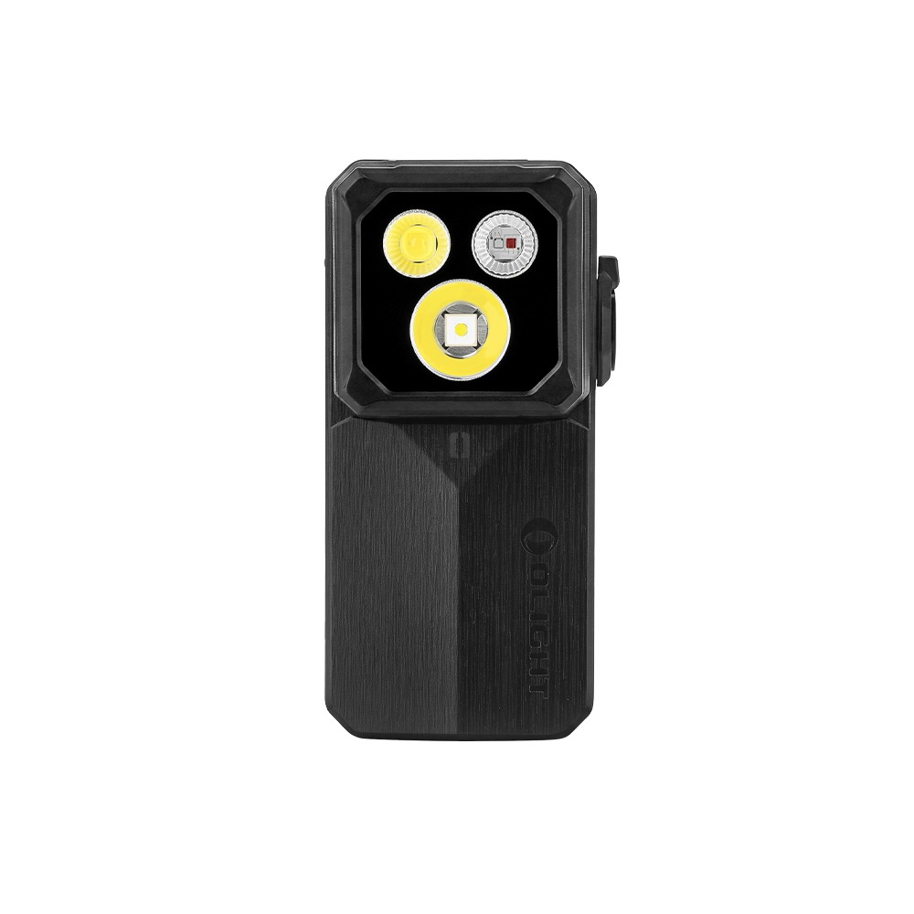 Olight Oclip 2 Ultra Onyx Black spredu: čierne telo a okno so širokým, bodovým a červeno-UV svetlom
