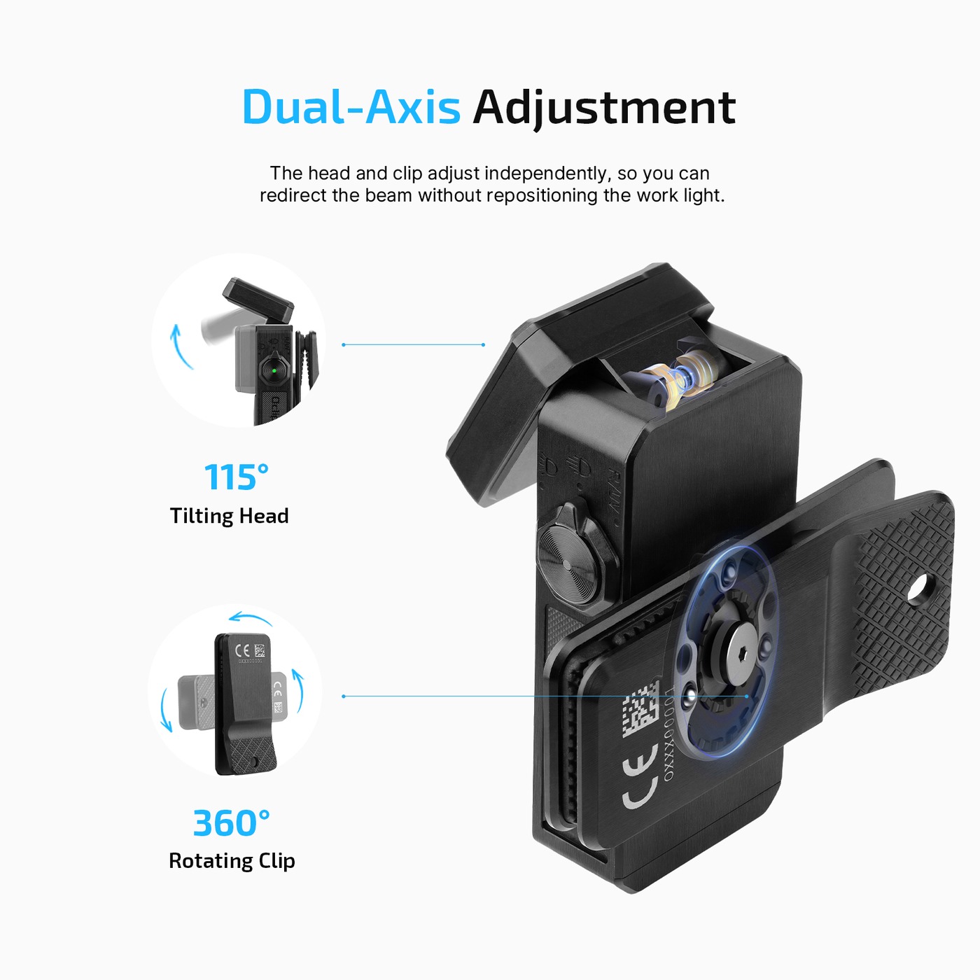 Olight Oclip 2 Ultra Onyx Black s hlavou vyklopenou o 115° a otočným klipom o 360°, infografika Dual-Axis Adjustment