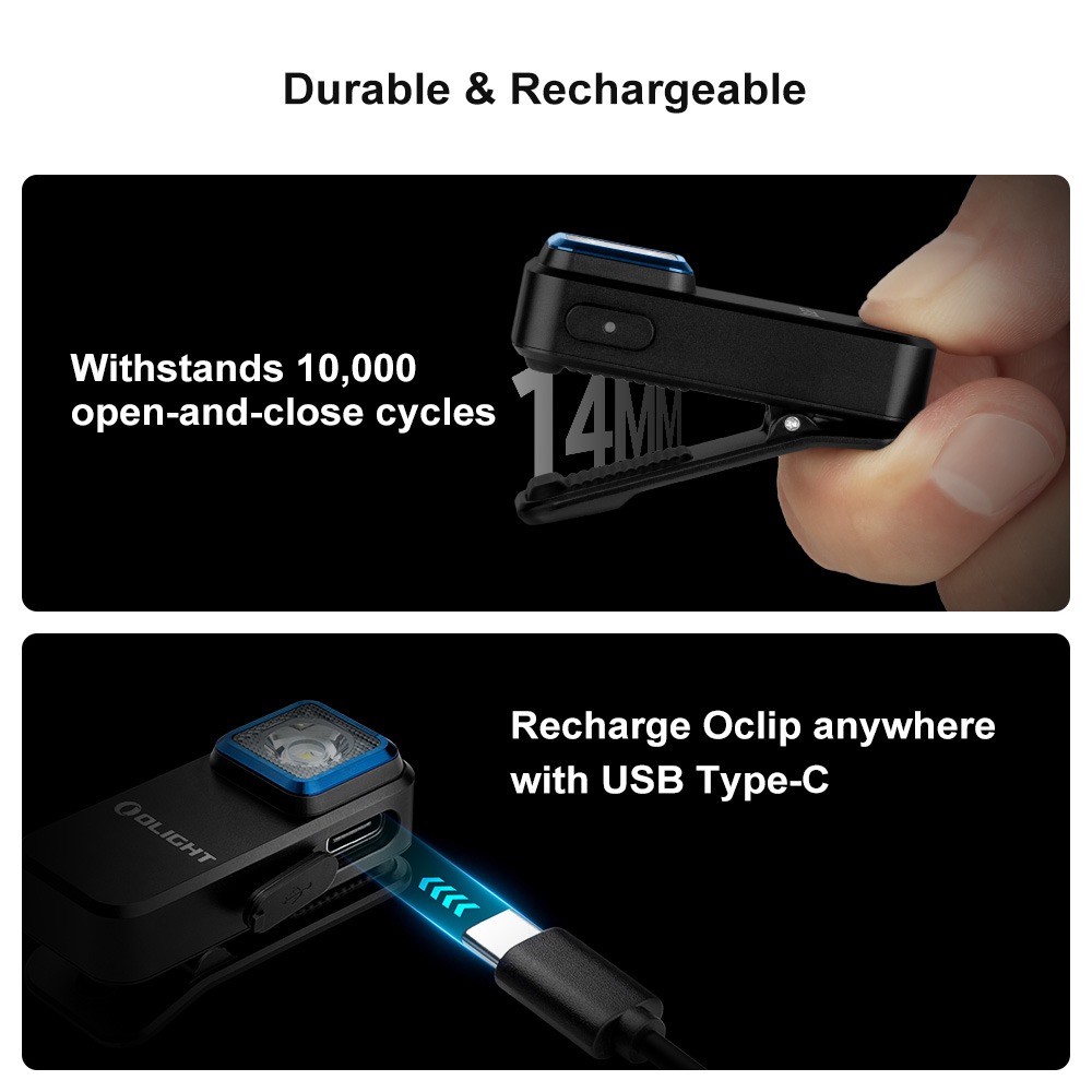 Olight Oclip s rozovretým klipom a údajom 14 mm, pod tým nabíjanie cez USB-C port pod krytkou