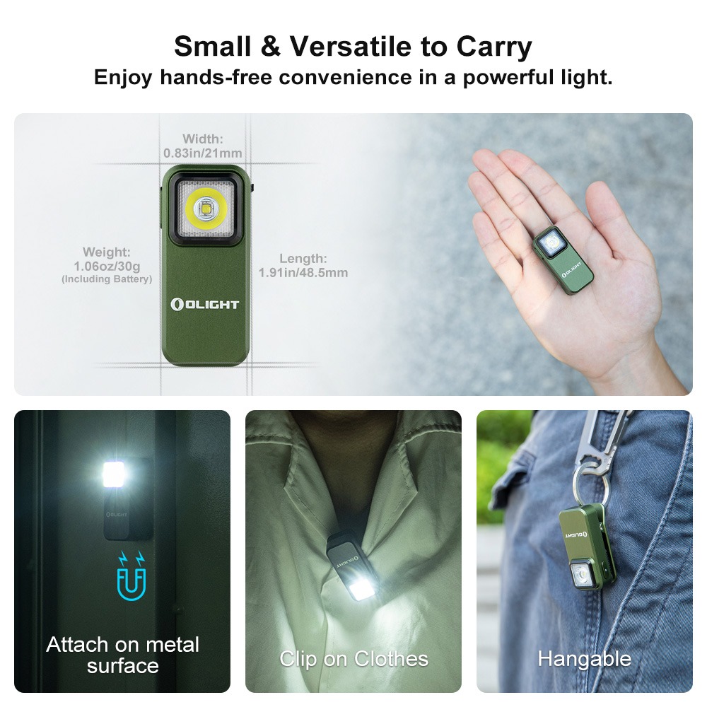 Olight Oclip s kótami 21 a 48,5 mm, hmotnosťou 30 g a tromi spôsobmi uchytenia svetla na infografike