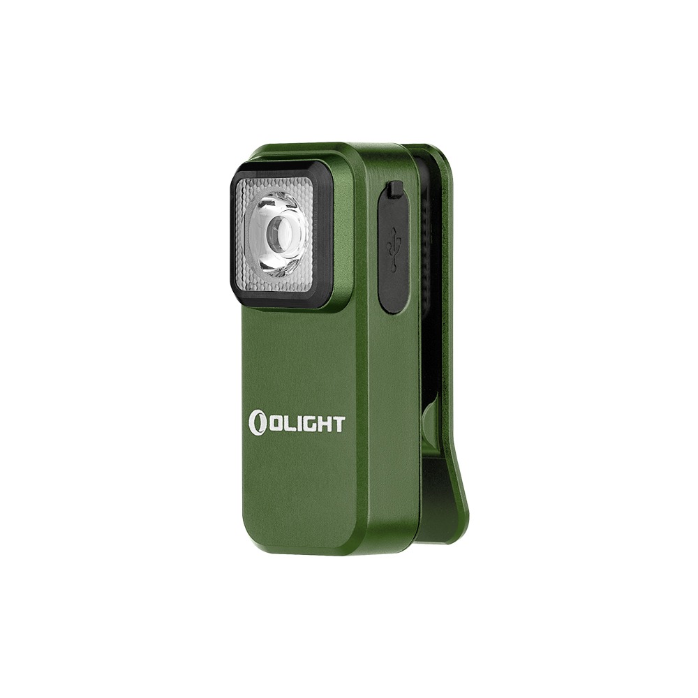 Olight Oclip Green zboku so zatvorenou gumenou krytkou nabíjacieho portu a vyklopeným klipom