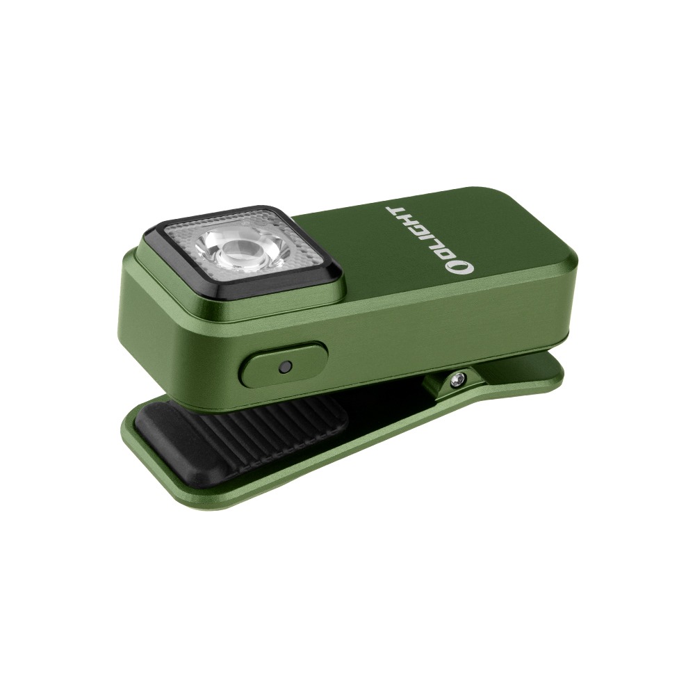 Olight Oclip Green s naplno rozovretým klipom, na boku tela je vidieť ovládacie tlačidlo s indikátorom