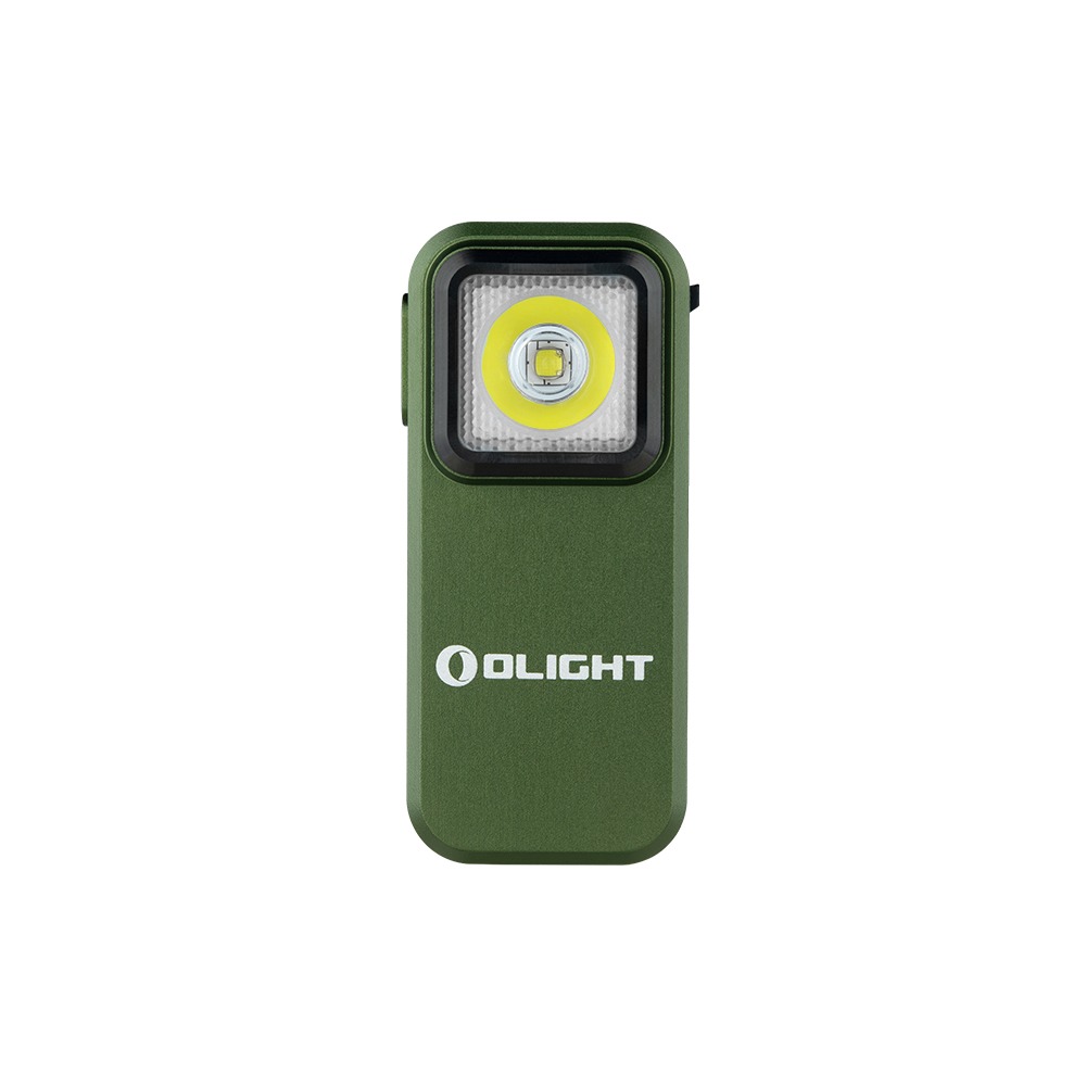 Olight Oclip Green spredu s čiernym lemom okolo difúzora a bielou LED, na tele biele logo Olight