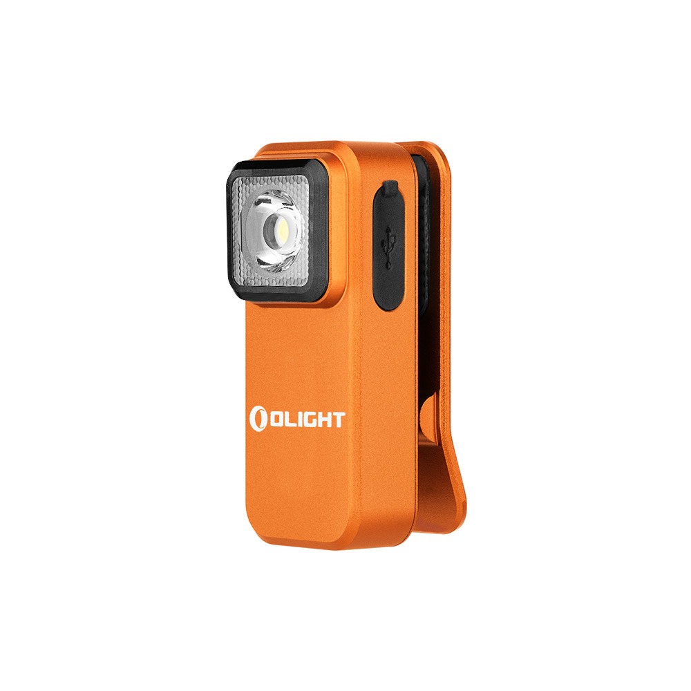 Olight Oclip Orange zboku so zatvorenou gumenou krytkou nabíjacieho portu a vyklopeným klipom