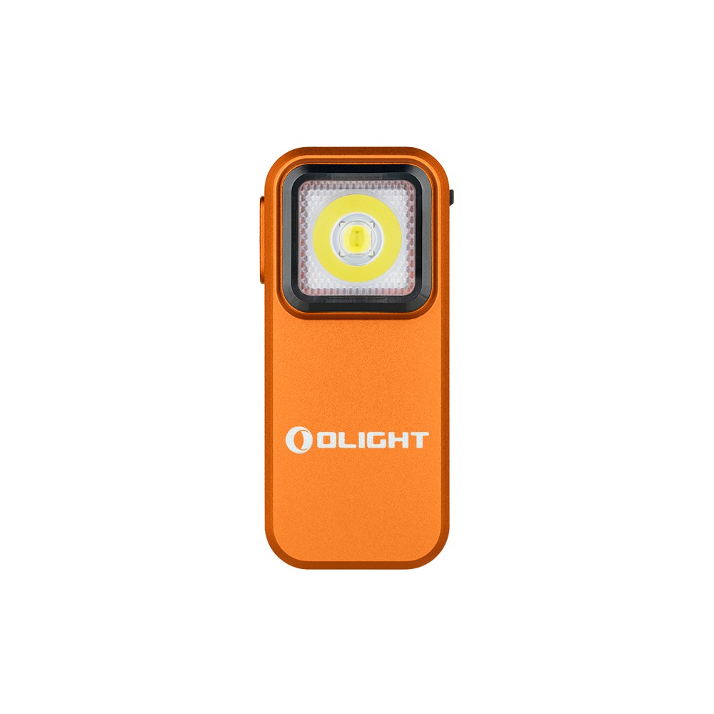 Olight Oclip Orange spredu s čiernym lemom okolo difúzora a bielou LED, na tele biele logo Olight