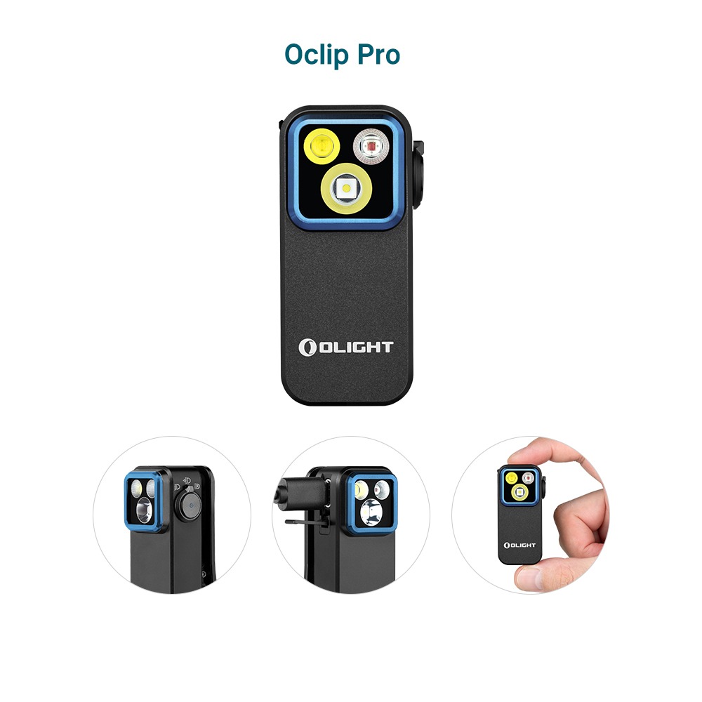 Olight Oclip Pro čierna spredu s modrým lemom a tromi LED, k tomu tri detailné výrezy tela a veľkosti