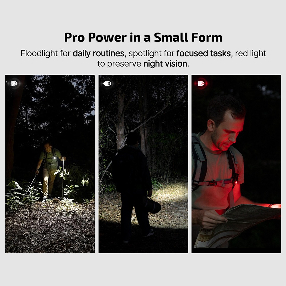 Olight Oclip Pro v troch situáciách: široký lúč na lesnom chodníku, bodový lúč na ceste a červené svetlo pri mape