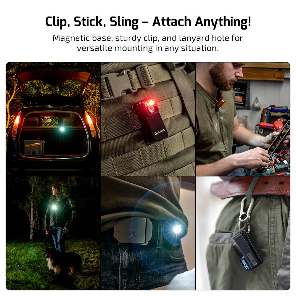 Olight Oclip Pro v šiestich situáciách nosenia: batožina auta, nosič, dielňa, pes, opasok a karabína