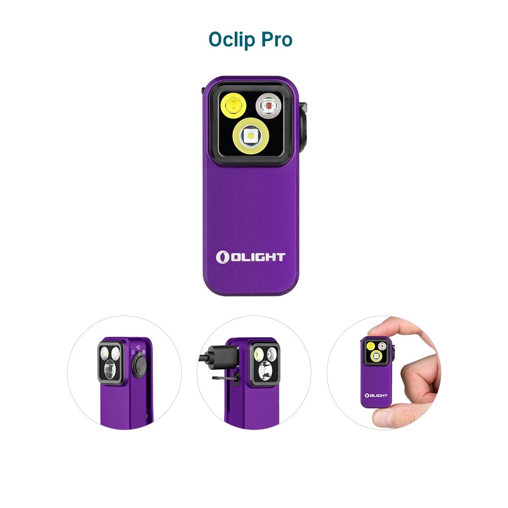 Olight Oclip Pro Purple spredu s tmavým lemom a tromi LED, pod ňou výrezy voliča, nabíjania a veľkosti