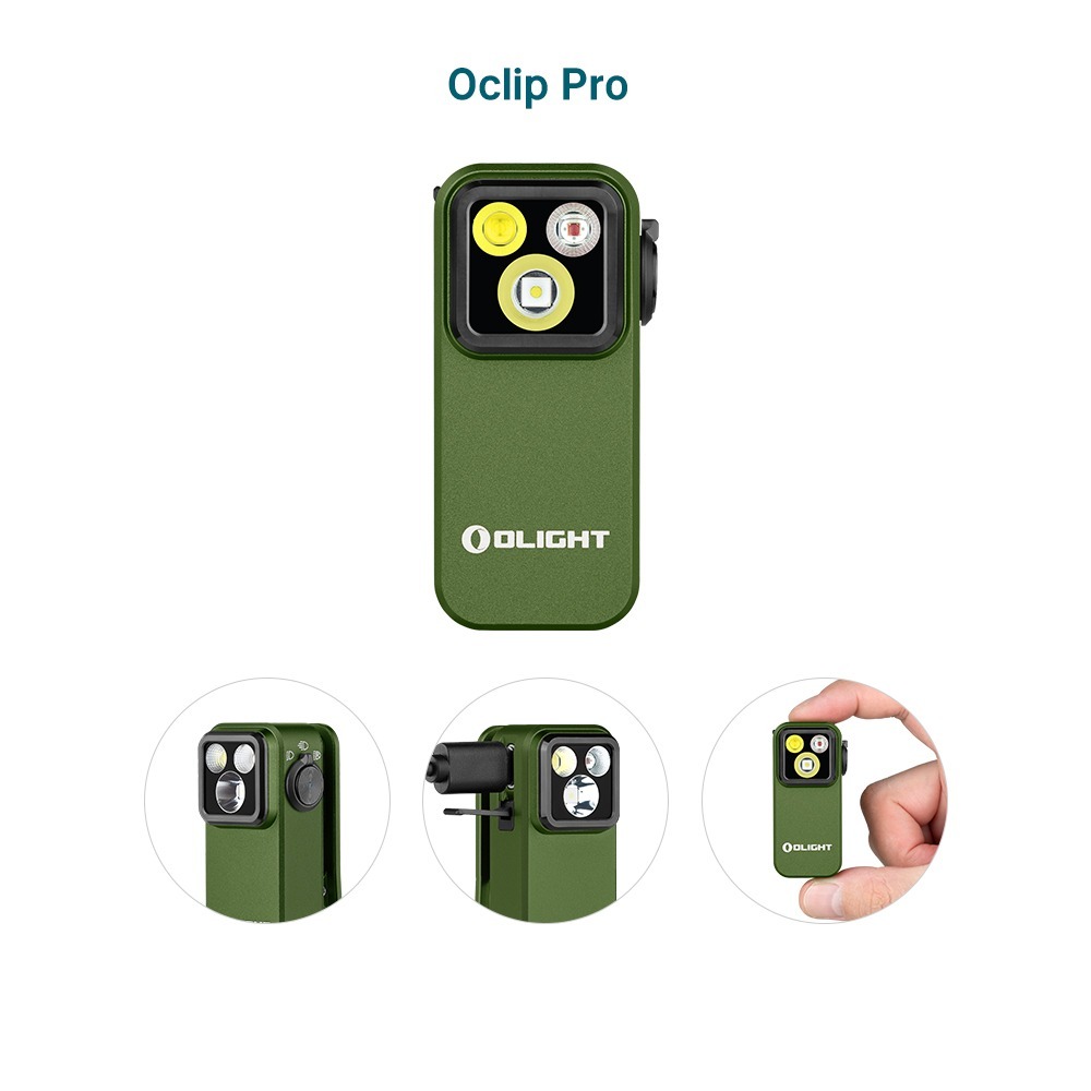 Olight Oclip Pro zelená OD spredu s tmavým lemom a tromi LED, pod ňou výrezy voliča, nabíjania a veľkosti