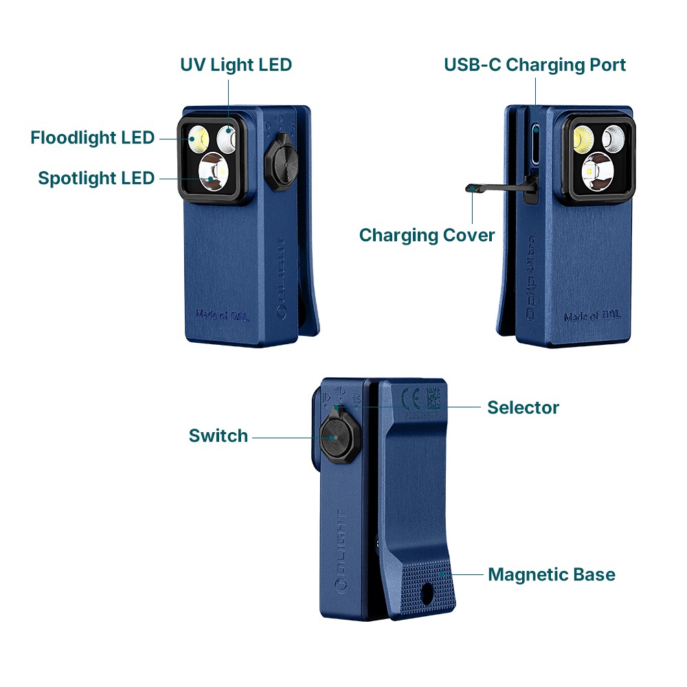 Olight Oclip Ultra Navy Blue v troch pohľadoch s popiskami LED, nabíjacieho portu, spínača, voliča a magnetu
