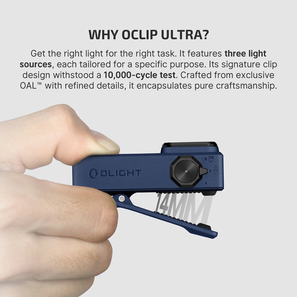Olight Oclip Ultra Navy Blue s roztvoreným klipom a údajom 14 mm v medzere, vedľa text Why Oclip Ultra