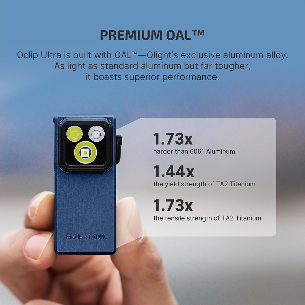Olight Oclip Ultra Navy Blue a panel výrobcu s číslami zliatiny OAL: 1,73x, 1,44x a 1,73x oproti 6061 a TA2