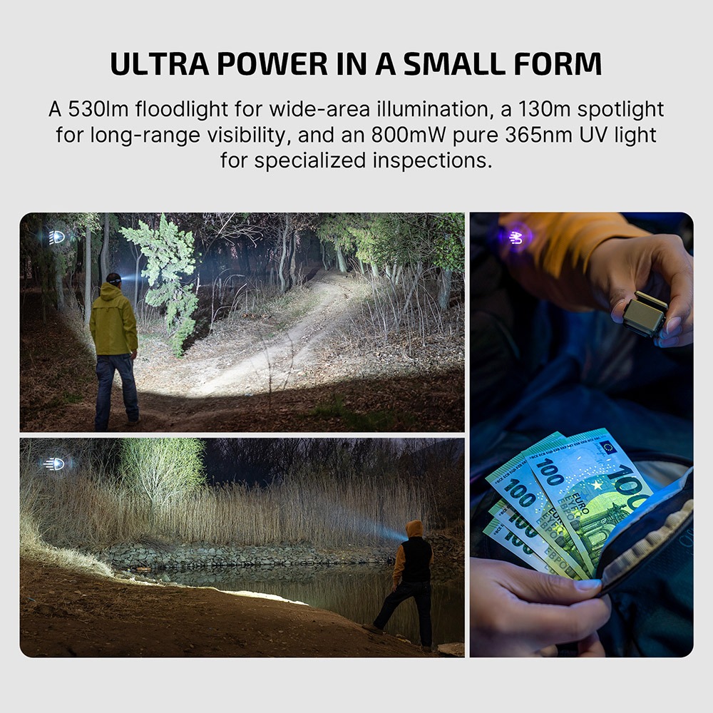 Olight Oclip Ultra: široký lúč na lesnej ceste, bodový lúč nad vodou a UV svetlo nad eurobankovkami