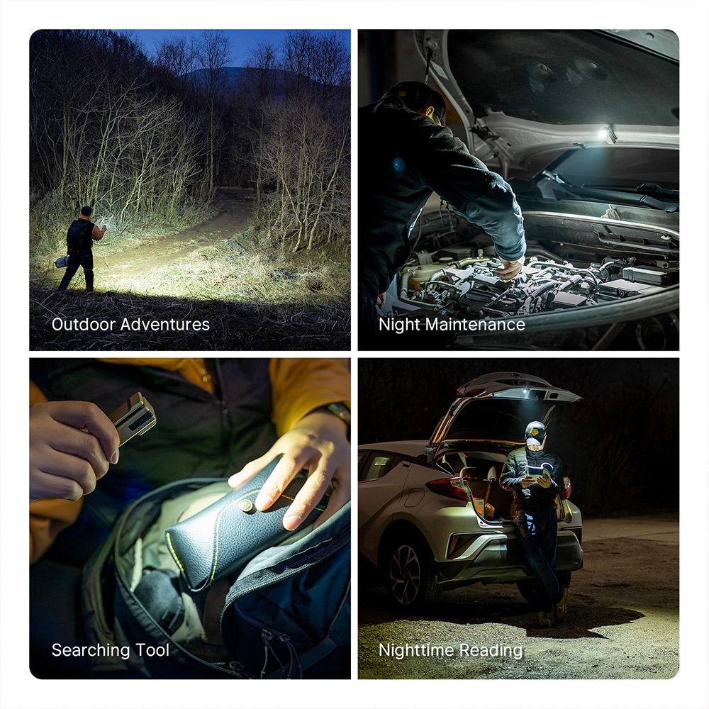 Olight Oclip Ultra v štyroch nočných situáciách: lesná cesta, kapota auta, svietenie do batohu a kufor auta