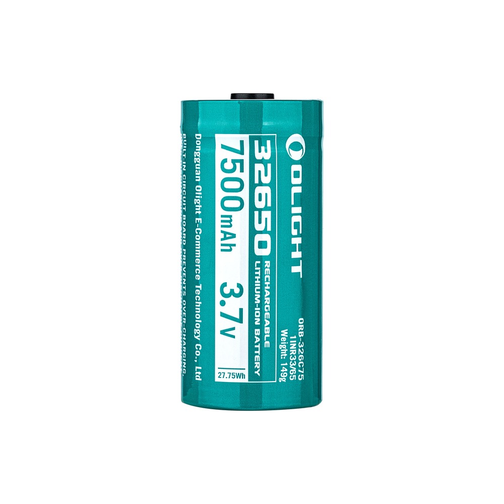 Potlač akumulátora Olight ORB-326C75: formát 32650, 7 500 mAh, 3,7 V, 27,75 Wh, označenie 1INR33/65 a hmotnosť 149 g