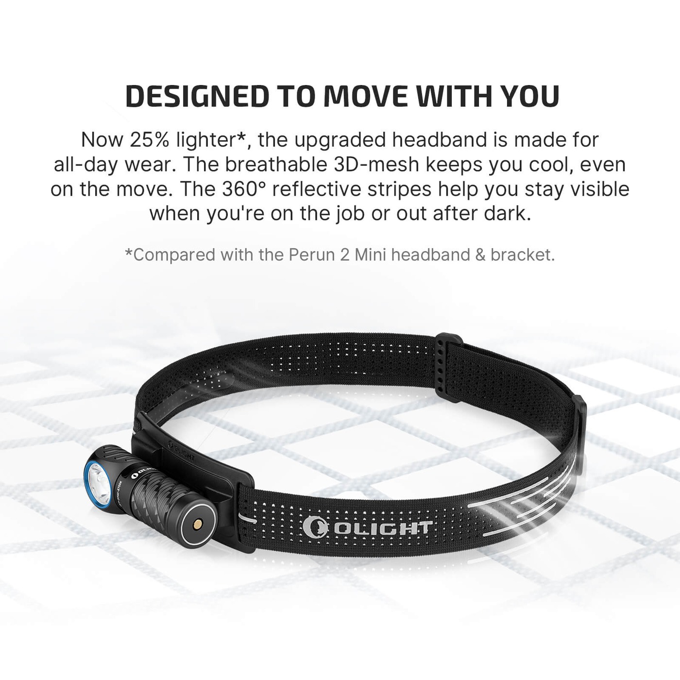 Olight Perun 3 Mini infografika výrobcu Designed to Move: pásik o 25 % ľahší, 3D sieťovina a reflexné pruhy 360°