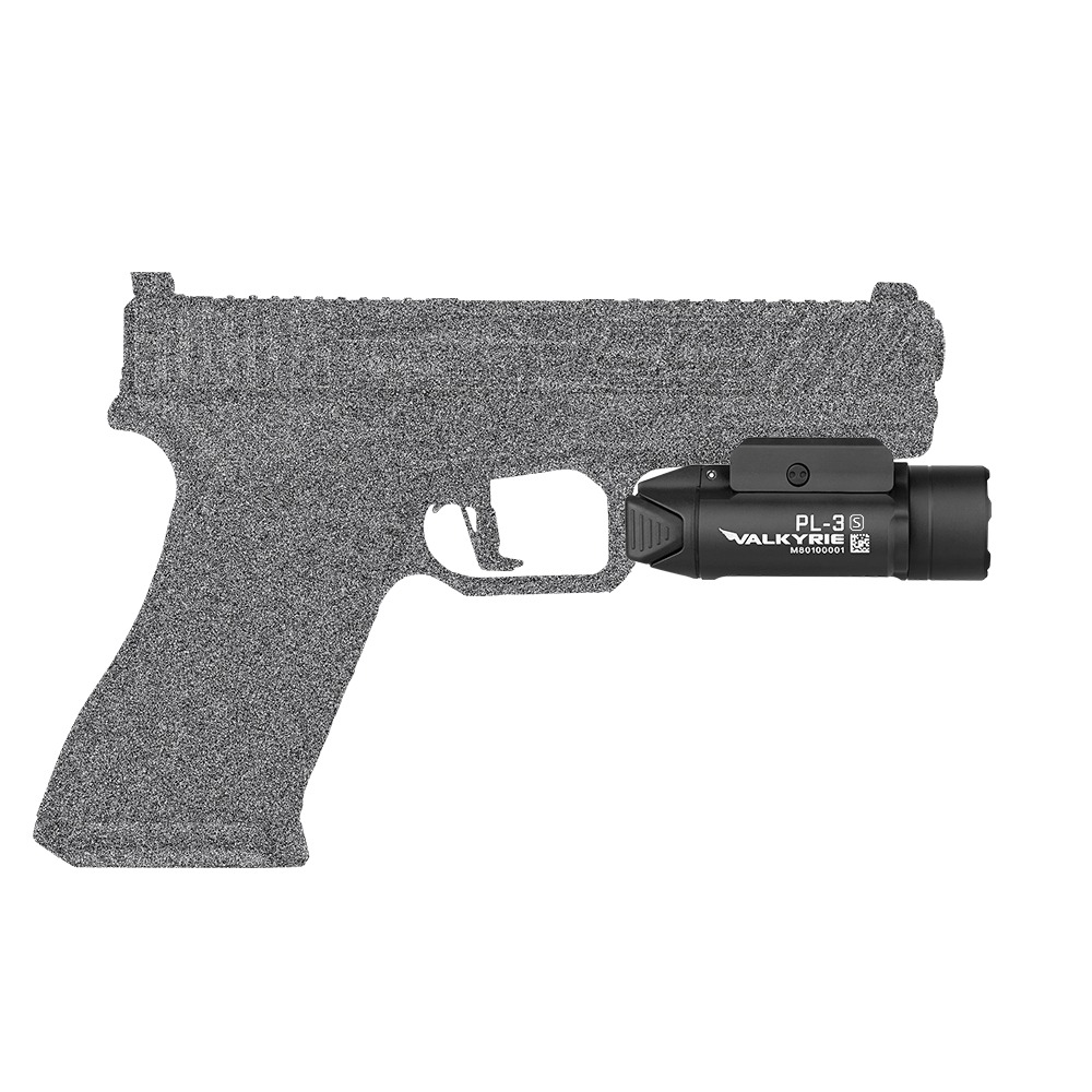 Olight Valkyrie PL-3S namontované na raile pod hlavňou, pohľad z boku s nápisom Valkyrie, pištoľ ako sivá silueta
