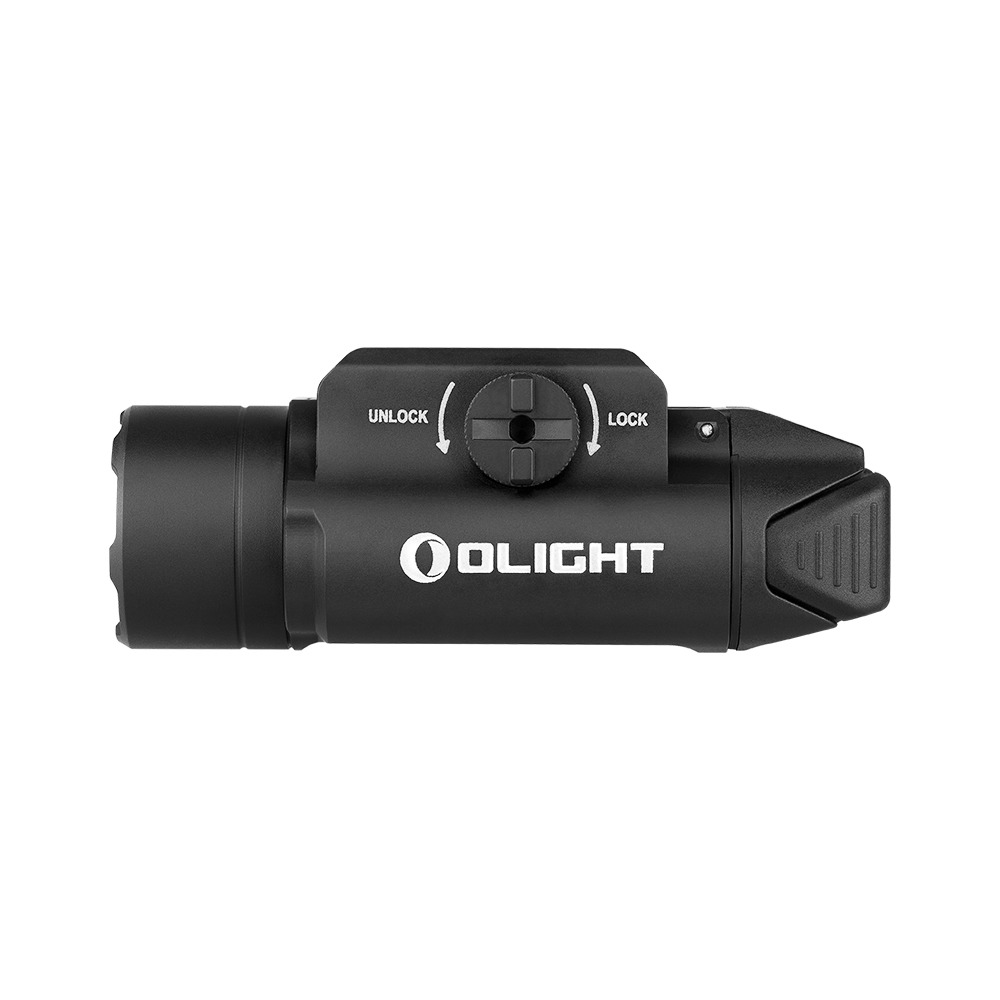 Olight Valkyrie PL-3S z boku s logom OLIGHT a krížovým gombíkom poistky so šípkami UNLOCK a LOCK