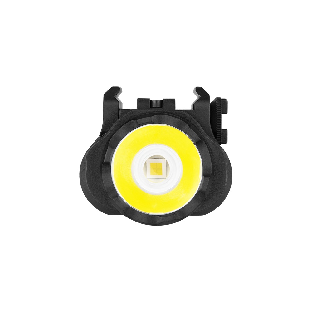 Olight Valkyrie PL-3S priamo spredu, LED v strede optiky so žltým okrajom a čeľuste uchytenia na rail hore