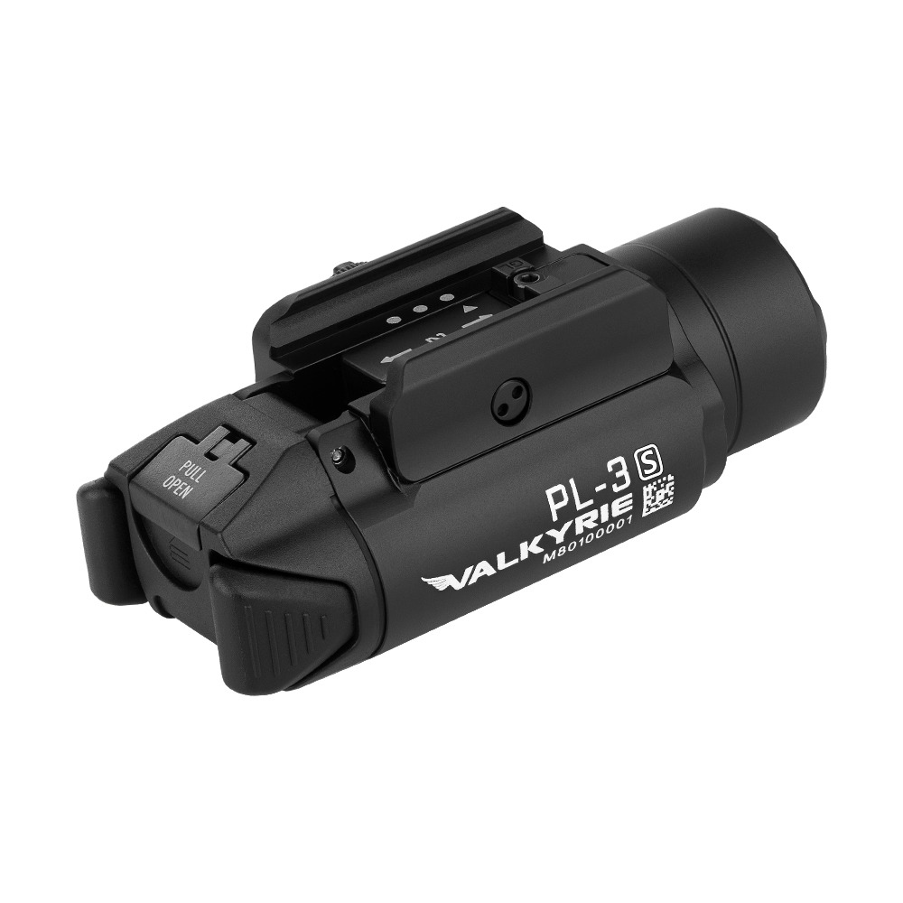 Olight Valkyrie PL-3S zozadu z troch štvrtín, obojručné spínače, jazýček PULL OPEN a nápis PL-3S Valkyrie