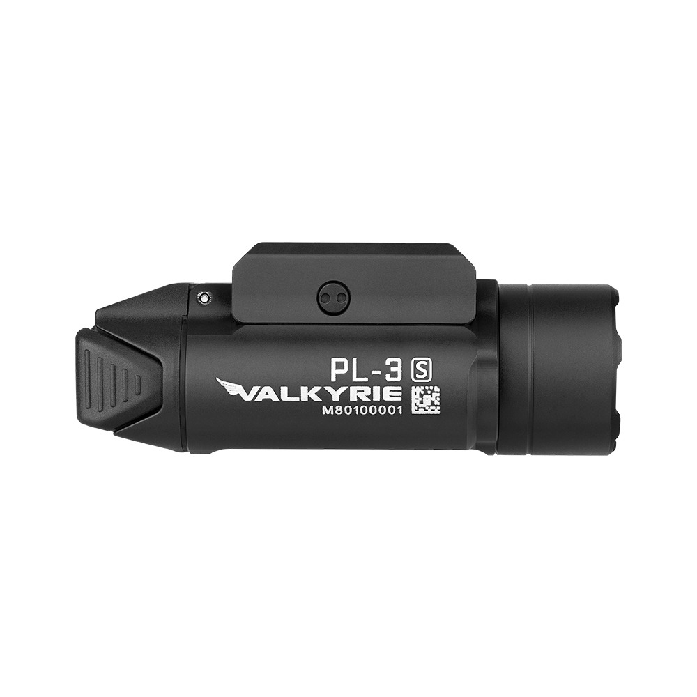 Olight Valkyrie PL-3S z boku s nápisom PL-3S Valkyrie, sériovým kódom a uchytením na rail nad telom svetla