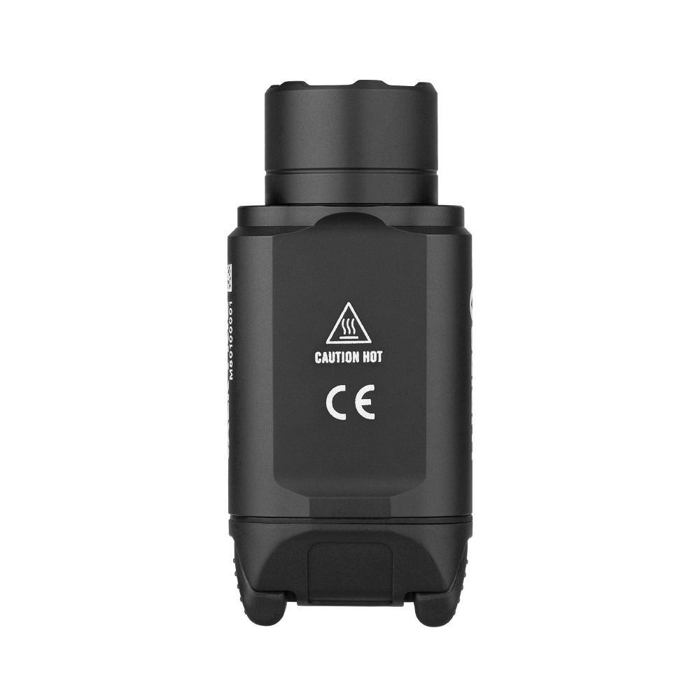 Olight Valkyrie PL-3S zospodu s výstražným štítkom CAUTION HOT a značkou CE na čiernom tele svetla