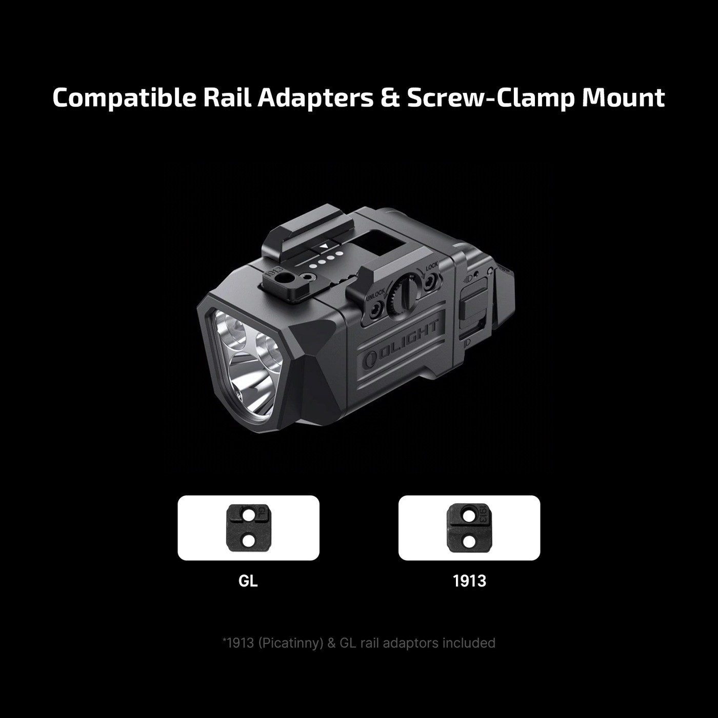 Olight PL X kompatibilné rail adaptéry výrobcu: adaptér GL pre Glock a adaptér 1913 Picatinny, oba v balení