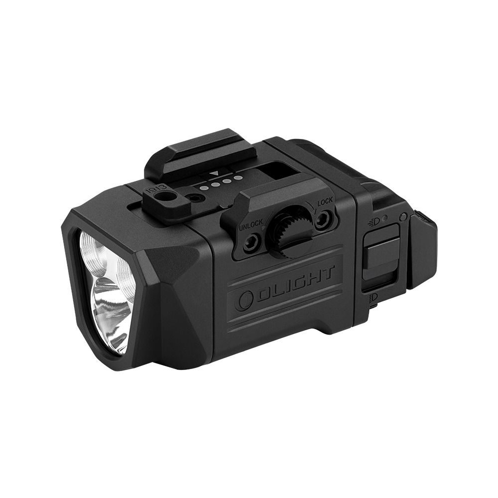 Olight PL X svetlo na zbraň spredu z troch štvrtín: tri LED, rail blok s adaptérom 1913, gombík rohatky UNLOCK/LOCK a spínač