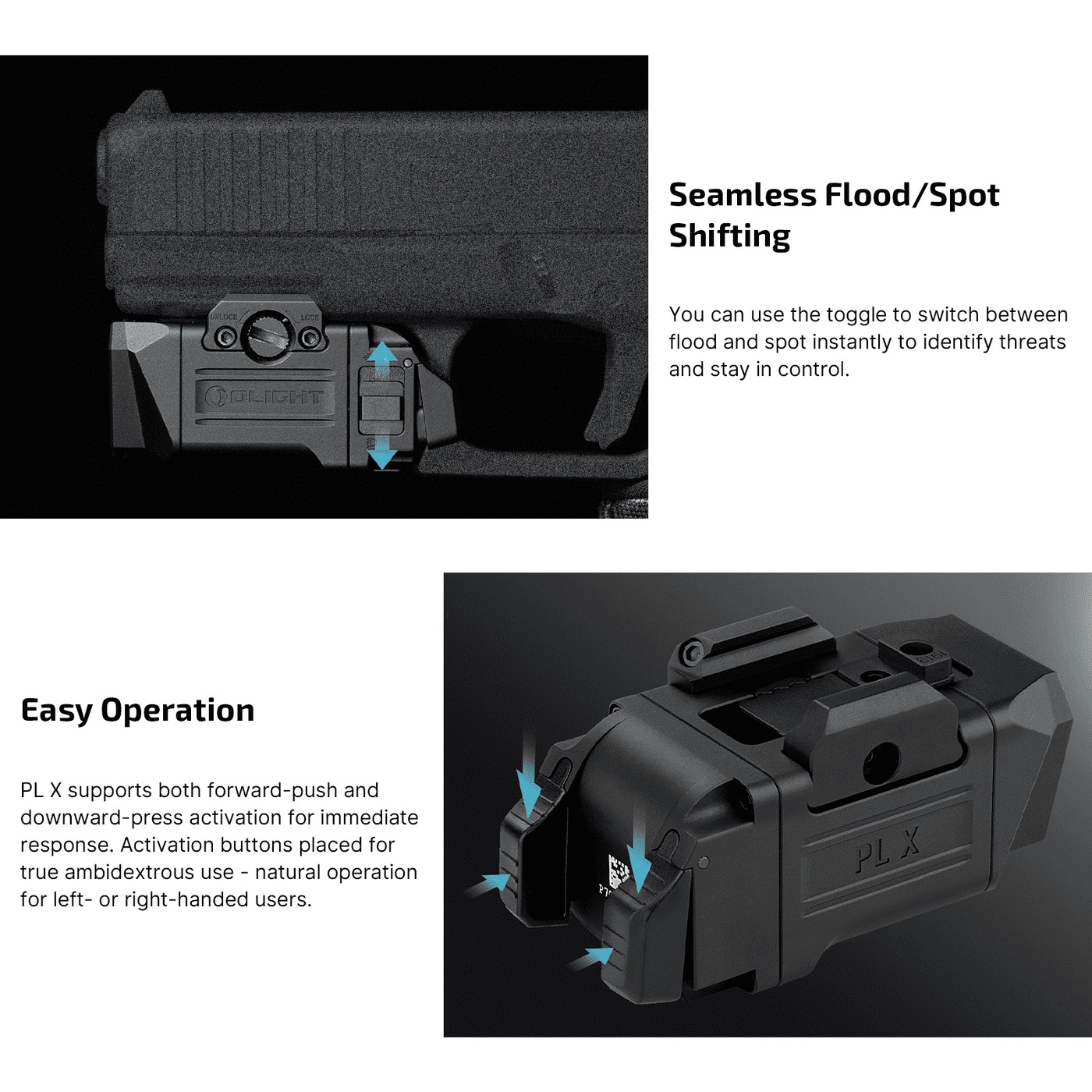 Olight PL X infografika: posuvný prepínač flood/spot na pištoli a dva ambidextrálne spínače s tlačením vpred aj nadol
