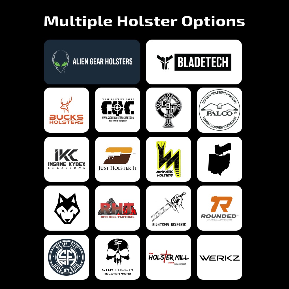 Olight PL X infografika výrobcu s logami osemnástich výrobcov puzdier vrátane Alien Gear, Bladetech, Falco a Werkz