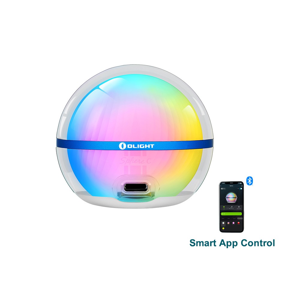 Olight Sphere C svieti farebne – RGB LED guľa s logom OLIGHT a USB-C portom, vedľa telefón s aplikáciou Olight