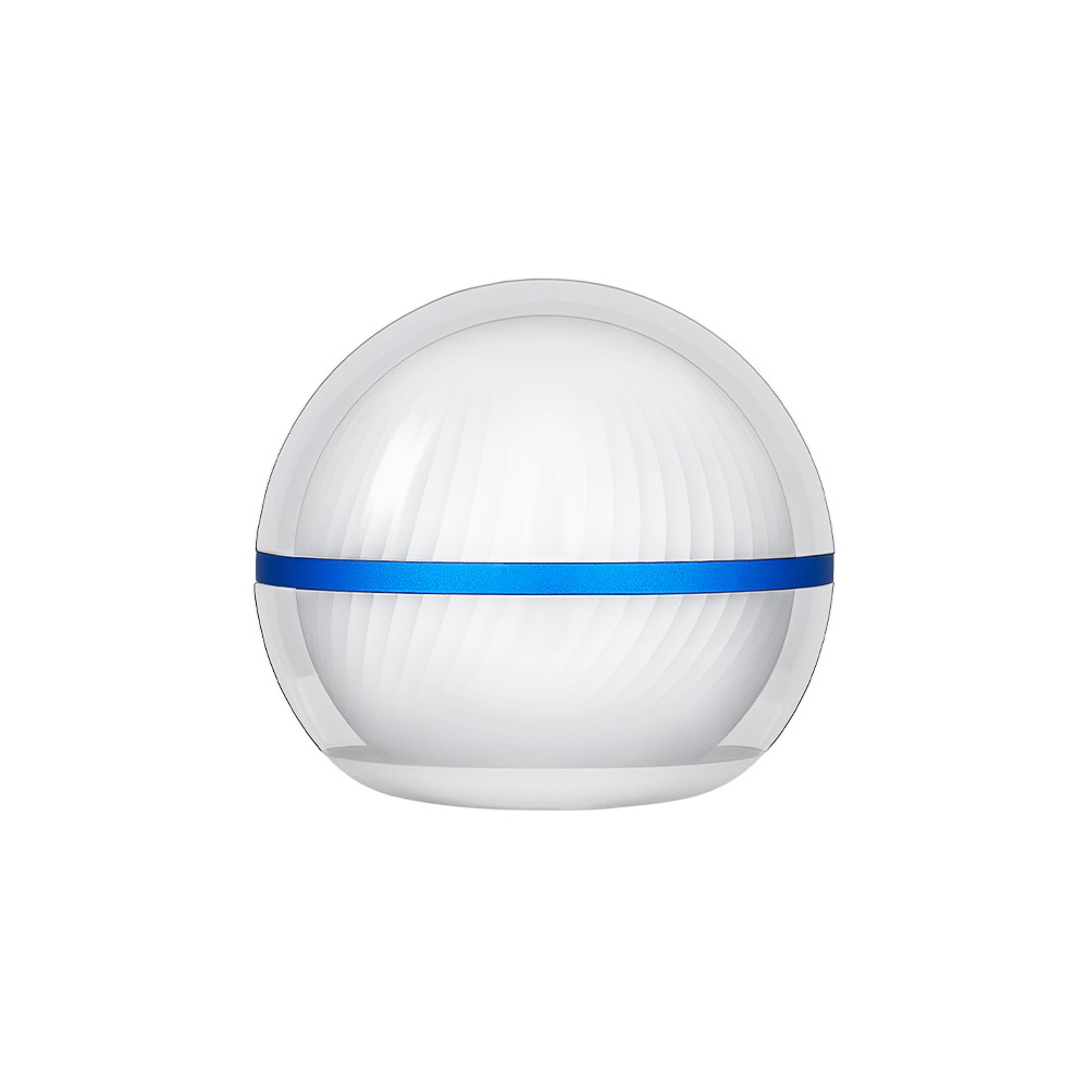 Olight Sphere C zozadu – biela LED guľa s priehľadným plášťom, jasnomodrým pásom bez loga a bielym spodkom
