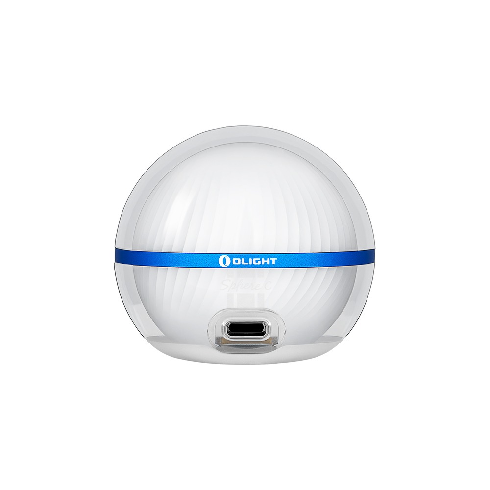 Olight Sphere C spredu – biela LED guľa s priehľadným plášťom, modrý pás s logom OLIGHT a USB-C port pri spodku