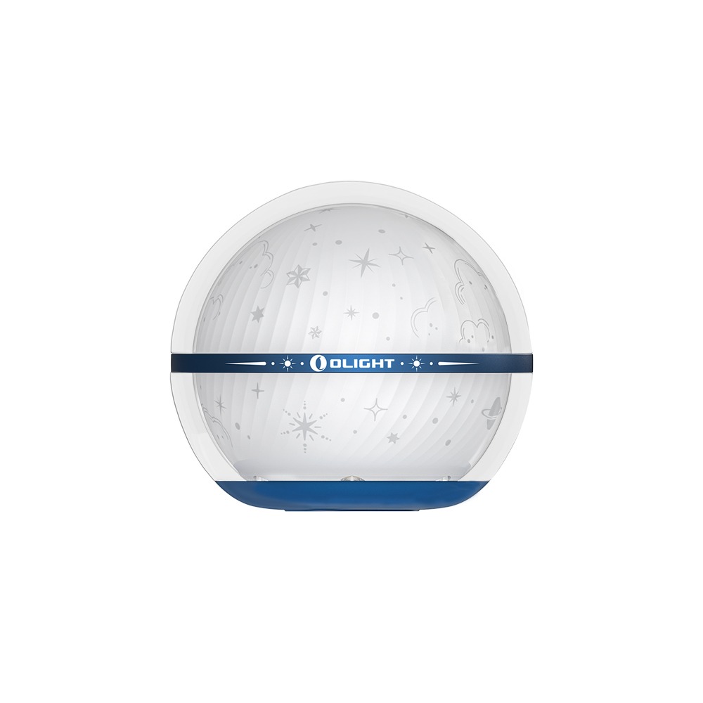 Olight Sphere C Stellar Sky, čelný pohľad – LED guľa s hviezdami a planétou pod plášťom a tmavomodrým pásom OLIGHT