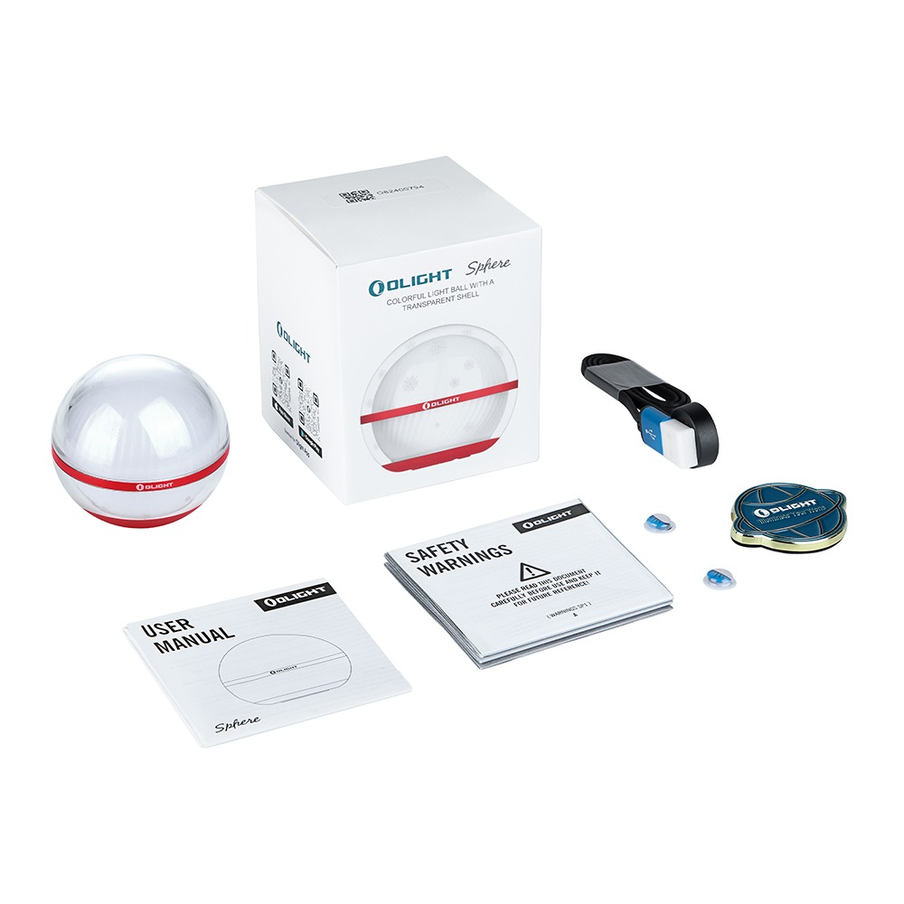 Olight Sphere Snowflake balenie – krabica s vločkami, guľa, magnetický nabíjací kábel MCC, návod a upozornenia