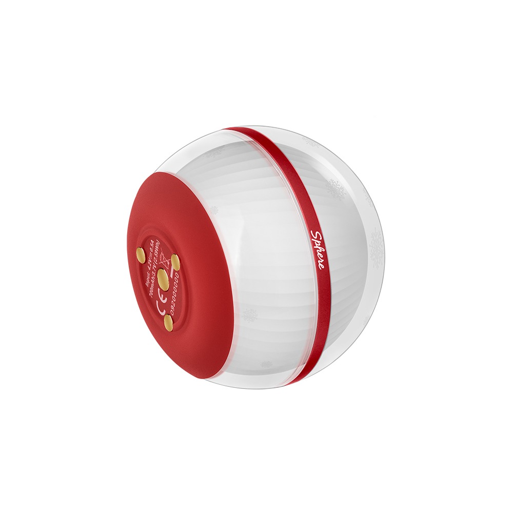 Olight Sphere Snowflake naklonená – červený spodok so štyrmi zlatými kontaktmi pre magnetické nabíjanie a štítkom
