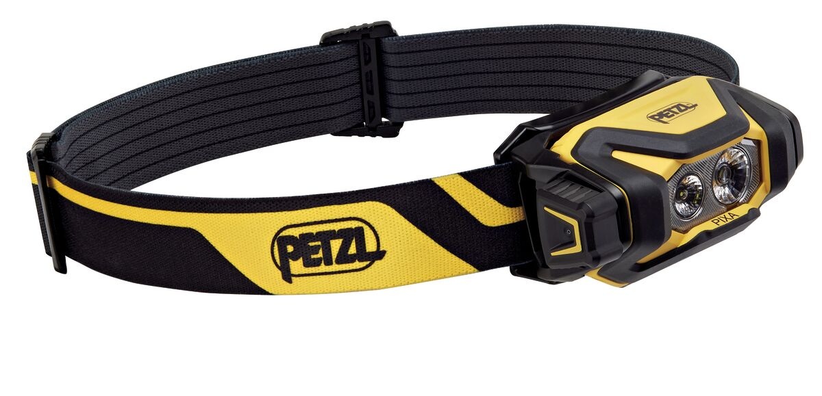 Petzl PIXA — celá čierno-žltá pracovná čelovka s hlavovým pásikom, pohľad zboku na otočný volič a dve optiky