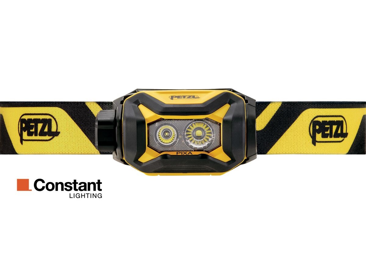 Petzl PIXA — čelný pohľad na žlto-čiernu pracovnú čelovku s dvomi optikami a logom Constant Lighting