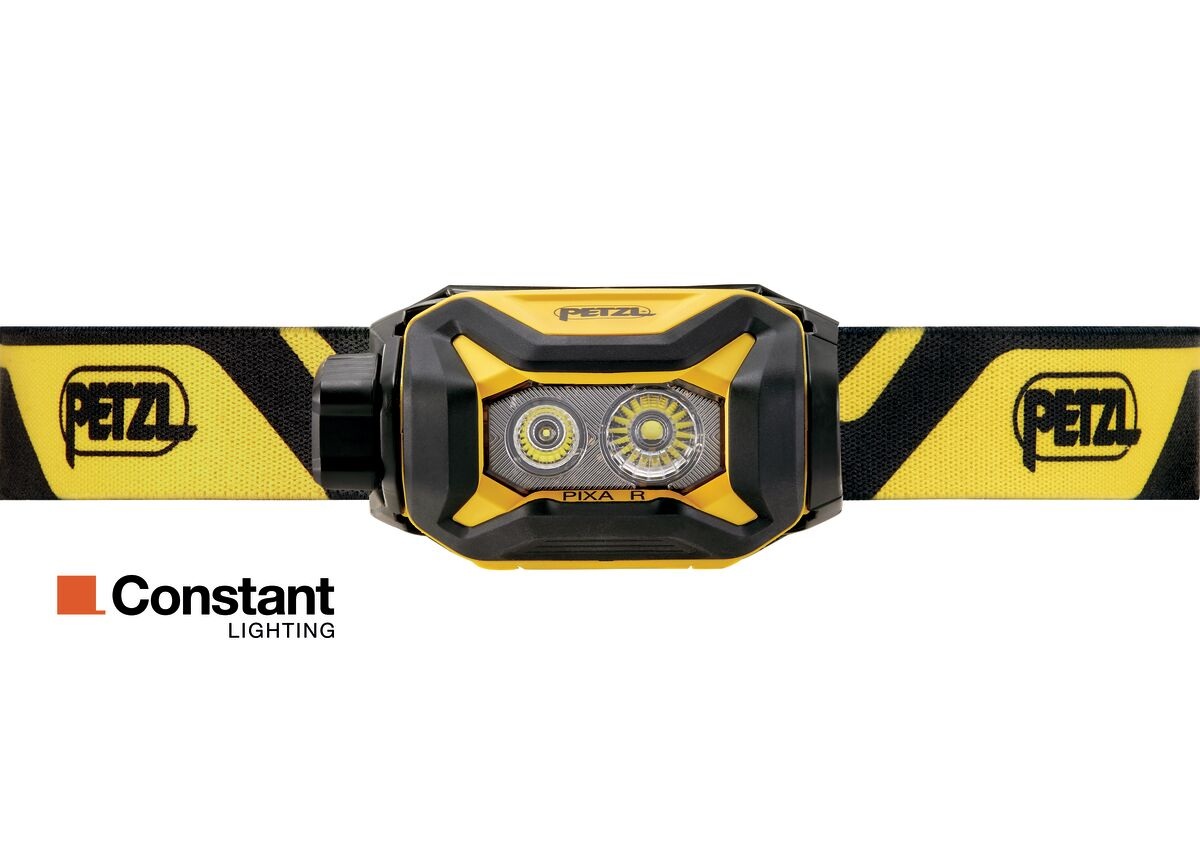 Petzl PIXA R — čelný pohľad na žlto-čiernu pracovnú čelovku s dvomi optikami a logom CONSTANT LIGHTING