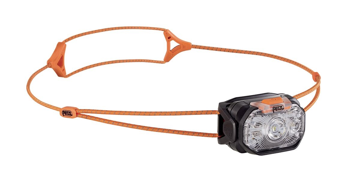 Petzl SWIFT LT v čiernej — čierne telo s oranžovými prvkami a oranžový hlavový pásik z dvoch elastických šnúr s reflexným vláknom