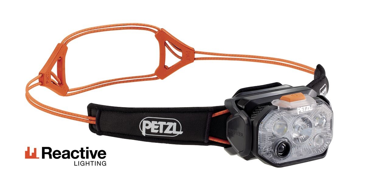 Petzl SWIFT RL 2026 čierno-oranžová v oranžovej farbe — čelovka s hlavovým pásikom